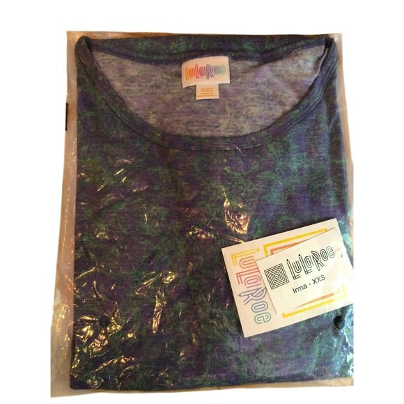 LuLaRoe Irma Top XXS Purple & Green Paisley Print High-Low Short Sleeve Tunic - Picture 6 of 10